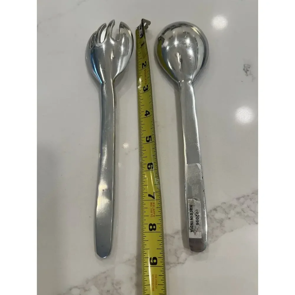 Pewter Salad Serving Set Spoon & Fork with Fluted Handles 9” Flatware made India